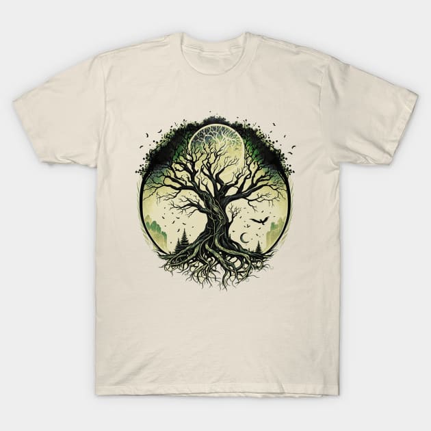 Tree of Life Under the Moon Connection, Life, Magic, Mystery T-Shirt by Dragonfly Tees